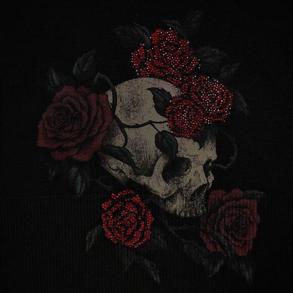 Y2K Sinful Rhinestone Black Ribbed Hooded Sweater Dress Goth Skull Roses Medium - Picture 8 of 16